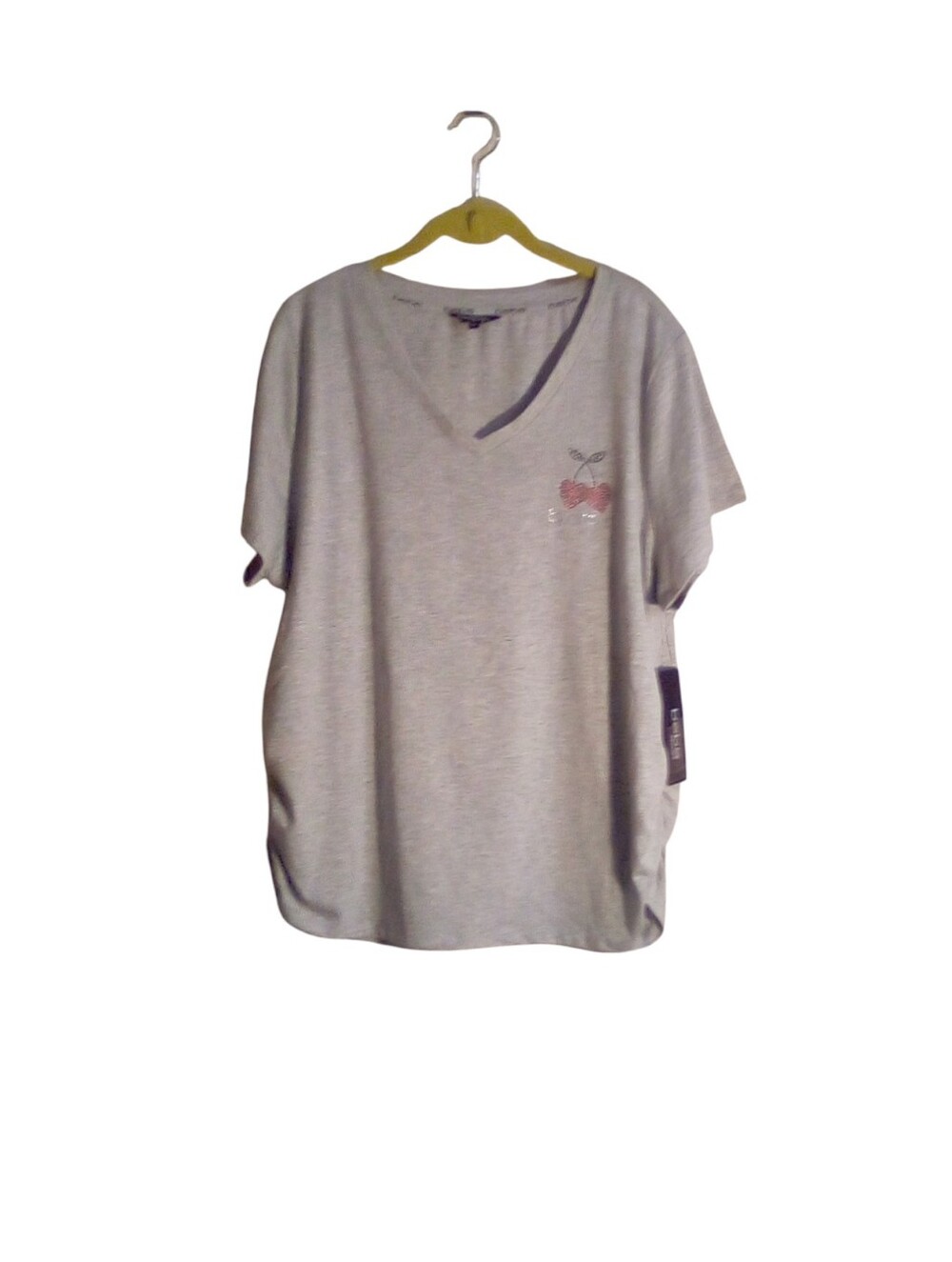 bebe Women's 1X Grey Ruched V-Neck Pullover Tee Rhinestone Logo Cherry Design